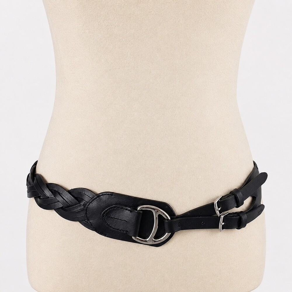 Ralph Lauren Tri-Strap Stirrup Buckle Belt Black Braided Leather Womens Medium